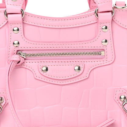 Balenciaga Semi Shiny Calfskin Crocodile Embossed Neo Classic Silver Hardware Mini City Pink 7 of 11