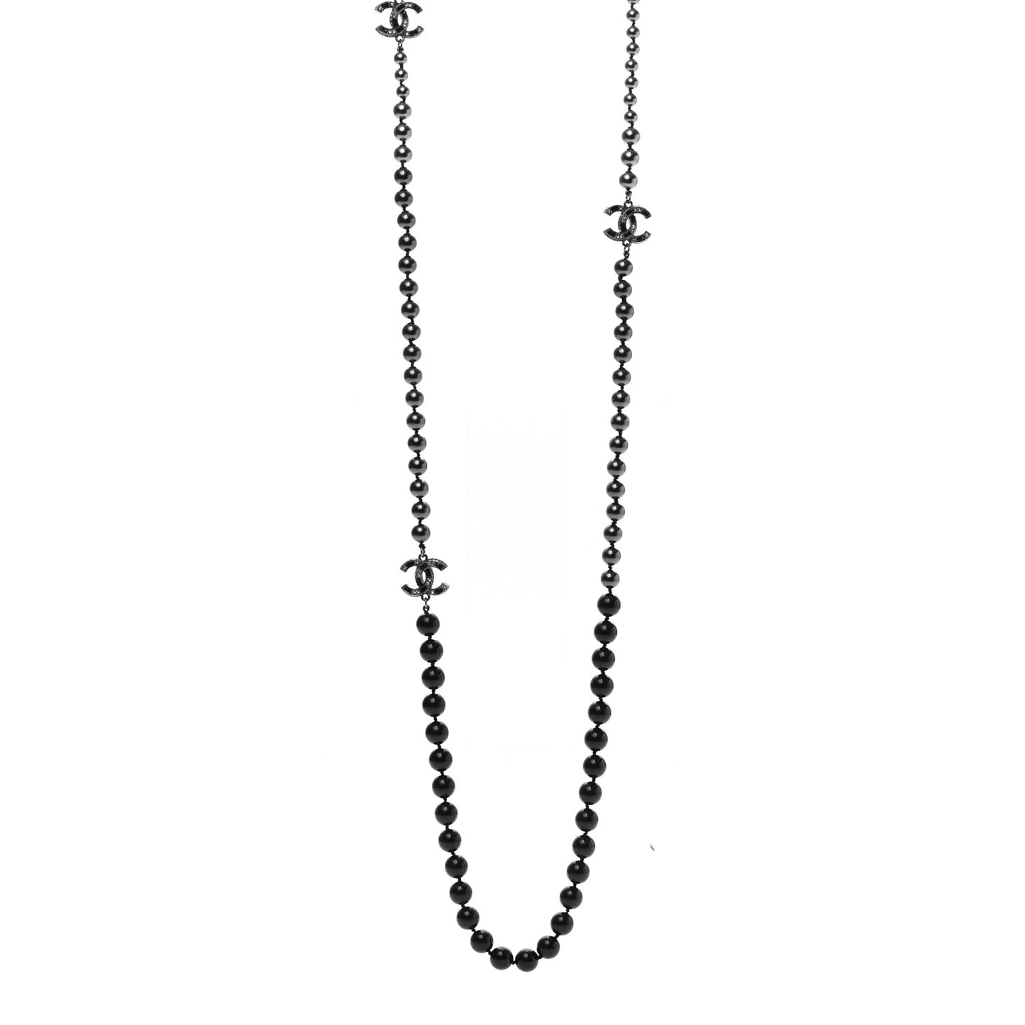 Ruthenium Crystal Baguette Pearl Beaded CC Long Necklace Black Grey