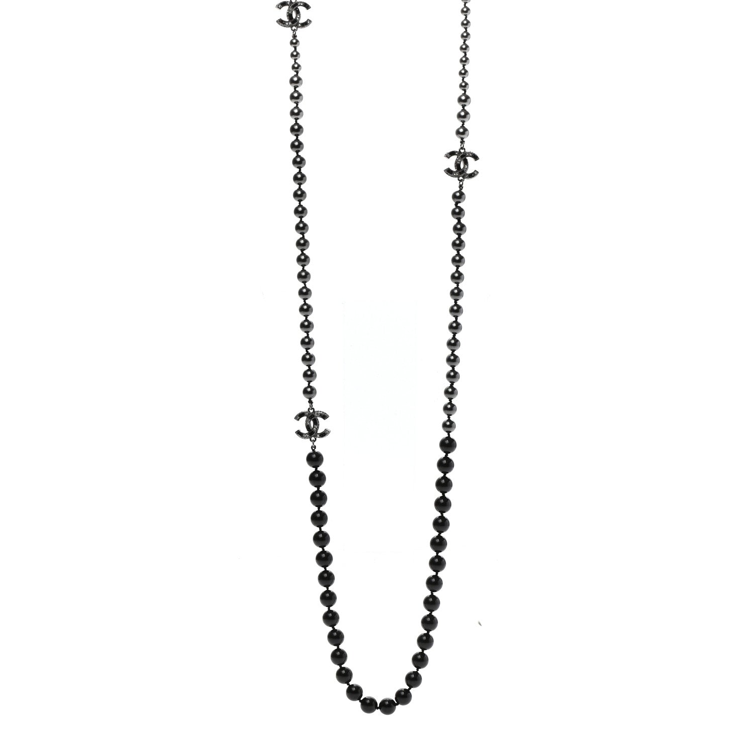 Chanel Ruthenium Crystal Baguette Pearl Beaded CC Long Necklace Black Grey 1 of 7