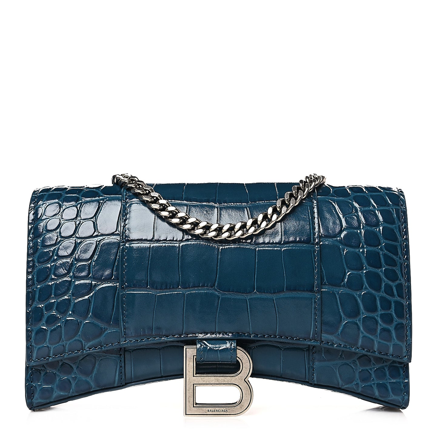 Shiny Calfskin Crocodile Embossed Hourglass Chain Bag Dark Petrol Blue
