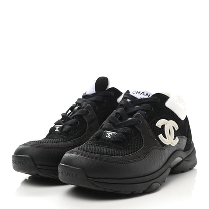 Chanel Mesh Suede Grained Calfskin Womens CC Sneakers 37 Black White 3 of 9