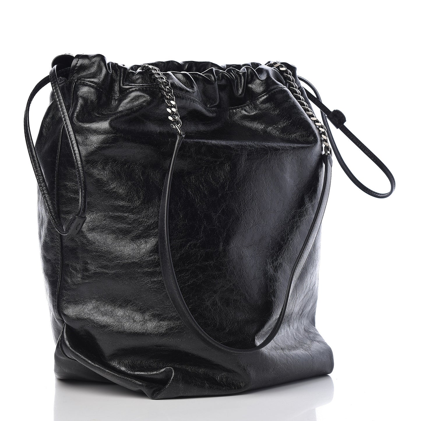 Cracked Shiny Calfskin Teddy Drawstring Bag Black