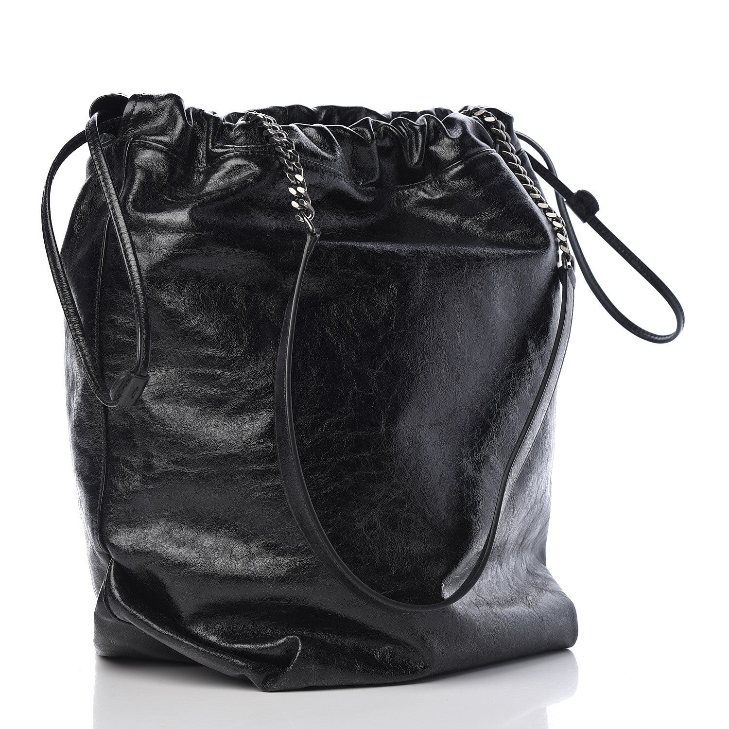 Saint Laurent Cracked Shiny Calfskin Teddy Drawstring Bag Black 4 of 9