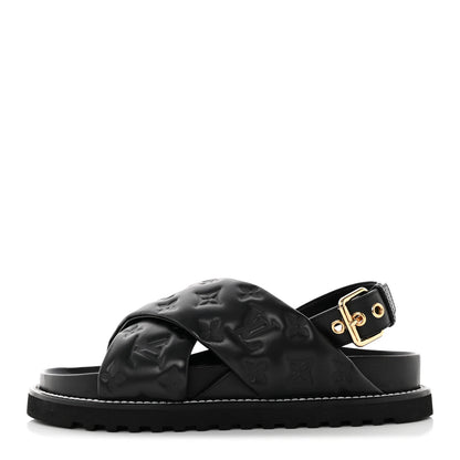 Louis Vuitton Lambskin Monogram Embossed Paseo Flat Comfort Sandals 39 Black 1 of 9