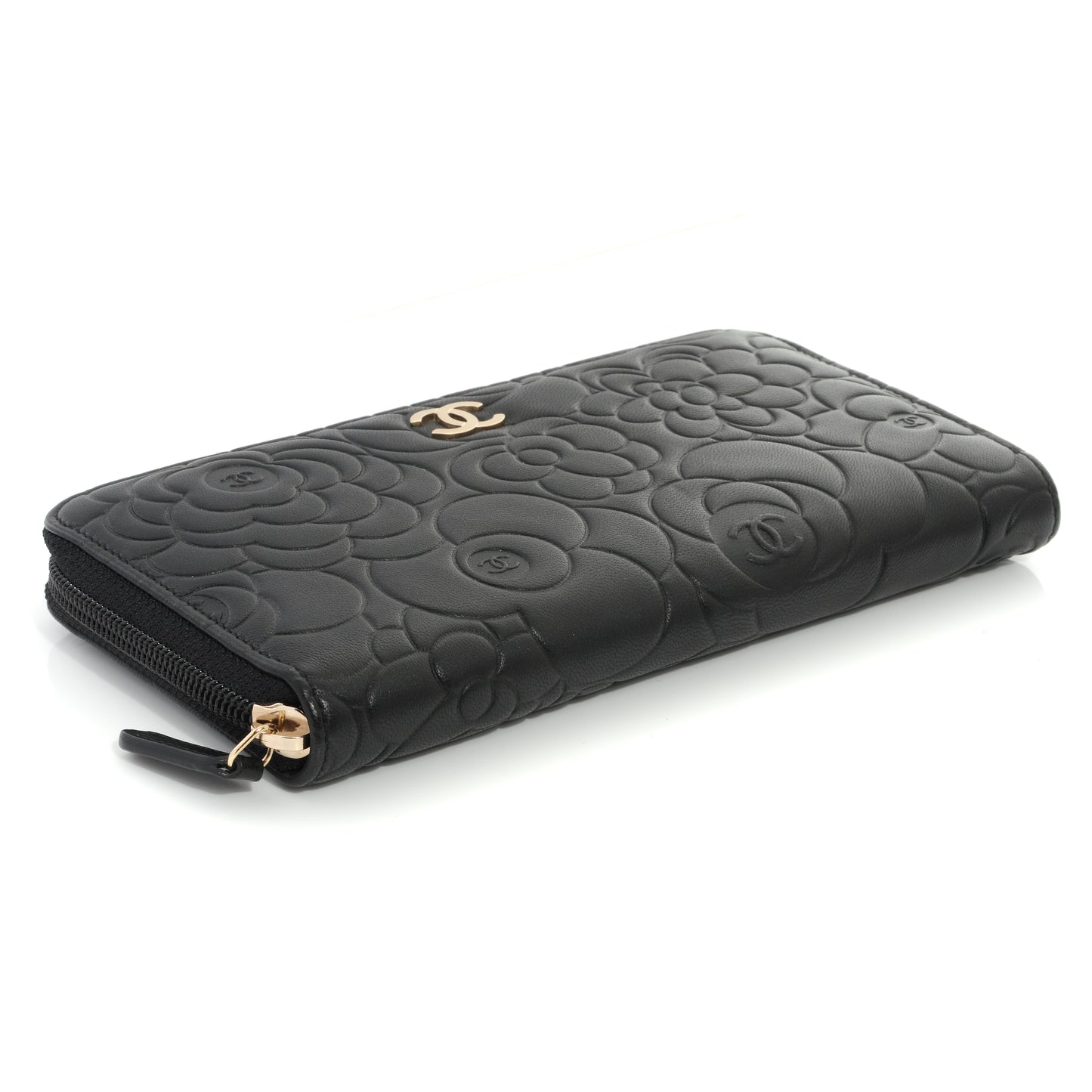 Lambskin Camellia Embossed Large Zip Around Gusset Wallet Black