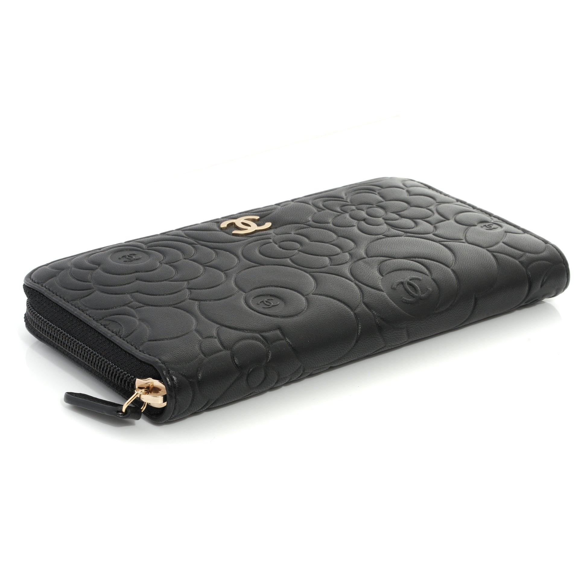 Chanel Lambskin Camellia Embossed Large Zip Around Gusset Wallet Black 4 of 8