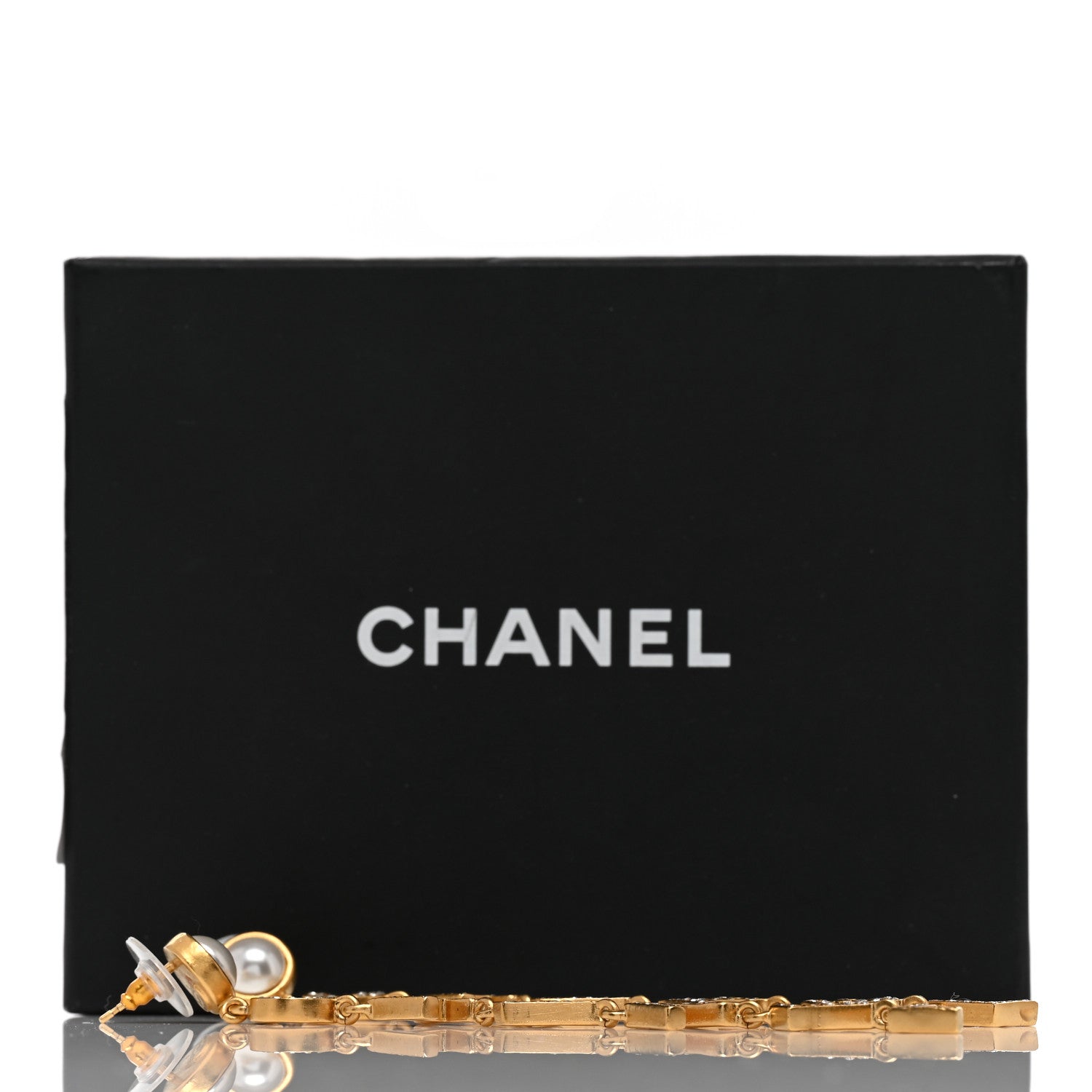 Chanel Crystal Pearl Logo Drop Earrings Gold 5 of 5