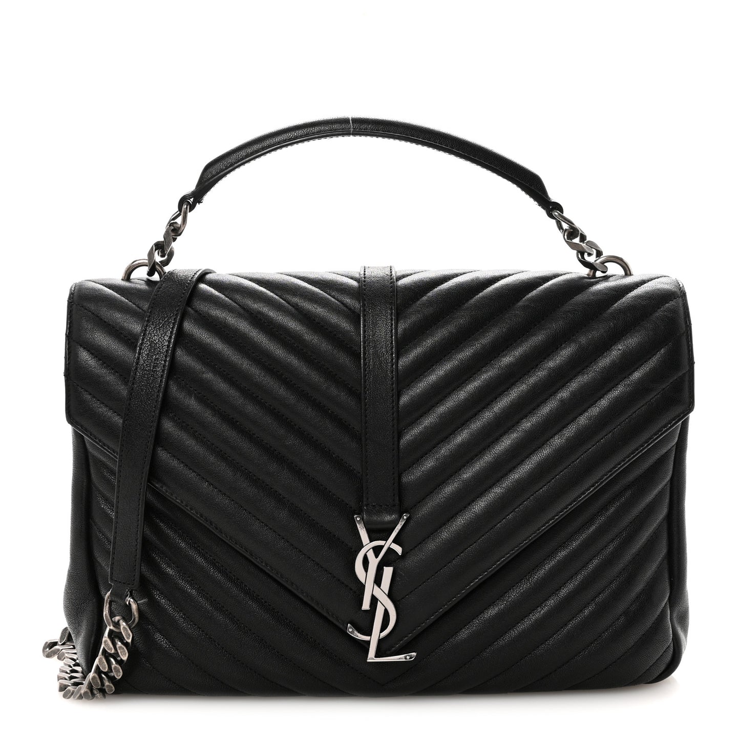 Sheepskin Matelasse Chevron Monogram Large College Satchel Black