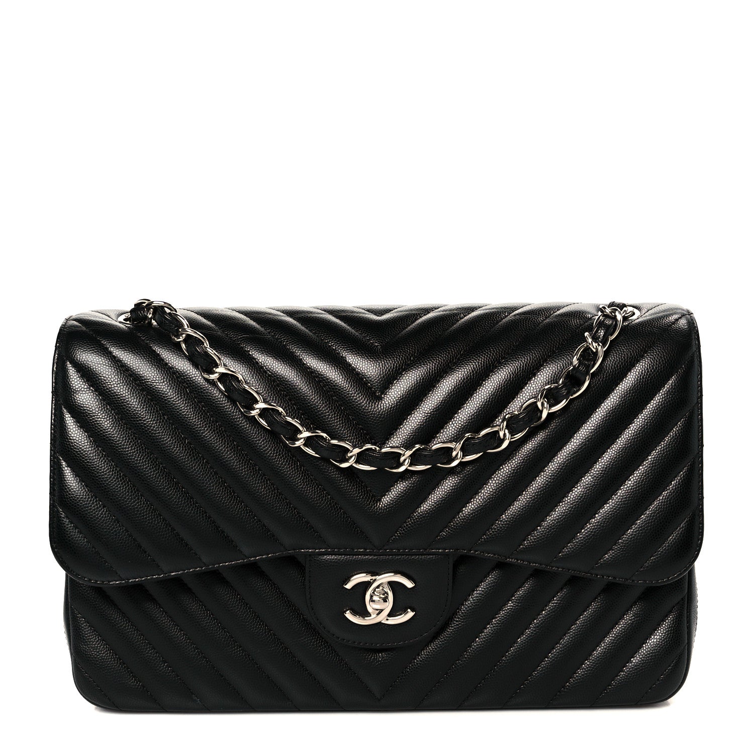 Chanel Caviar Chevron Quilted Jumbo Double Flap Black 1 of 11