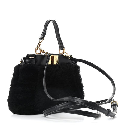 Fendi Shearling Shiny Nappa Micro Peekaboo Iconic Satchel Black 3 of 8