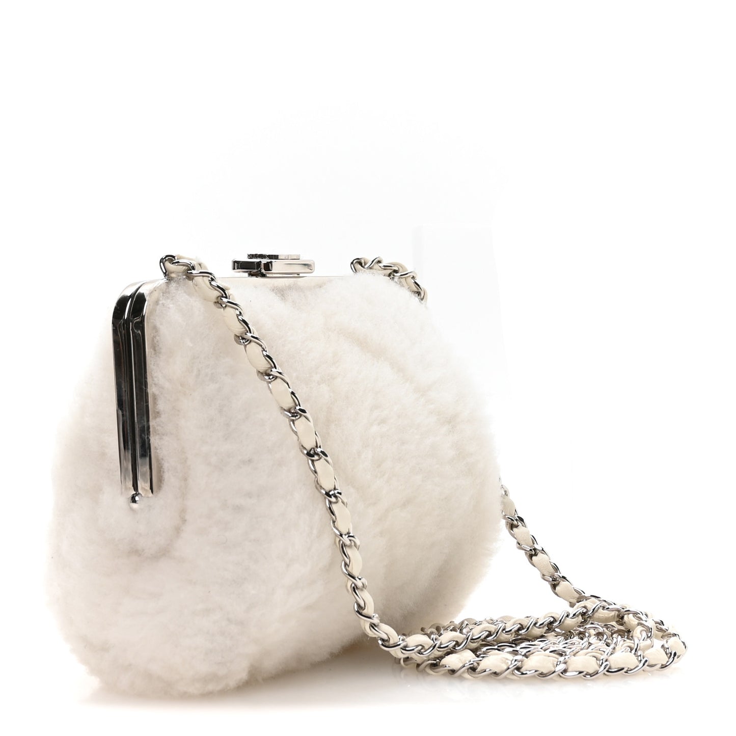 Shearling Sheepskin Lambskin Quilted Clutch With Chain White
