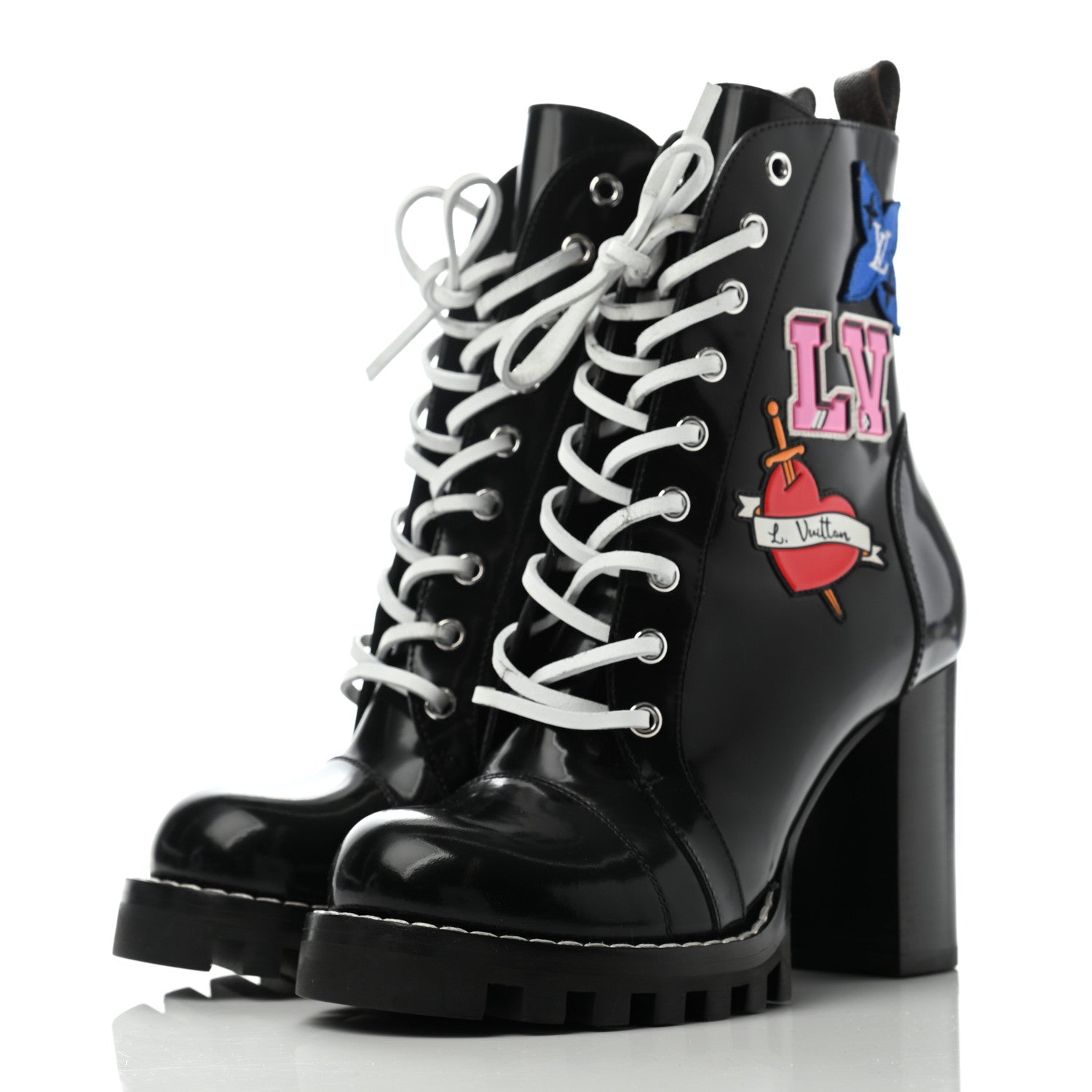 Louis Vuitton Patent Calfskin Monogram LV Black Heart Star Trail Ankle Boots 37.5 Black 3 of 9