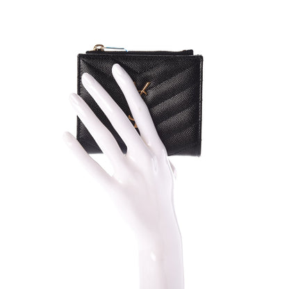 Saint Laurent Grain De Poudre Matelasse Chevron Monogram Zipped Card Case Black 2 of 7