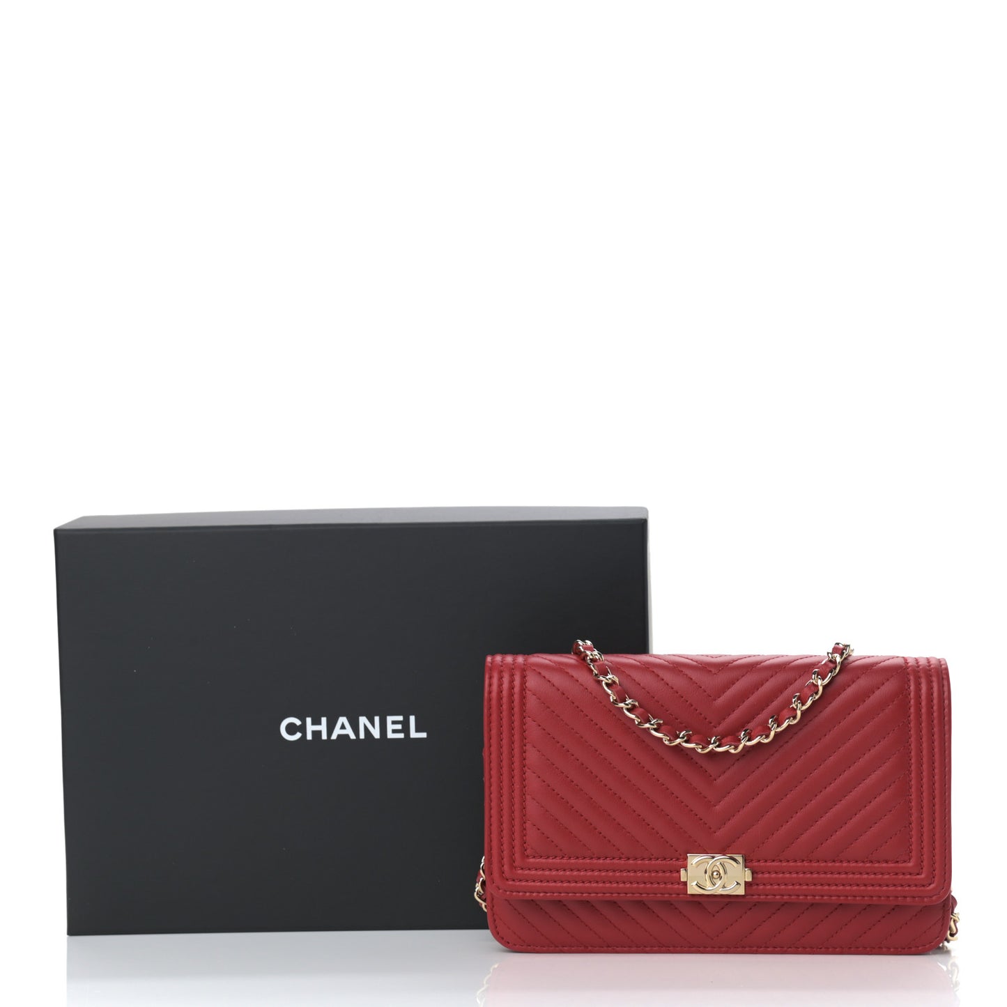 Lambskin Chevron Quilted Boy Wallet On Chain WOC Red
