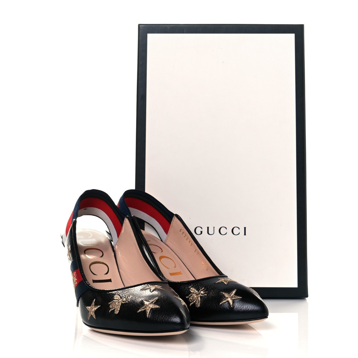 Gucci Malaga Kid Web Bee Star Embroidered Sylvie High Heel Slingback Pumps 37 Black 9 of 9