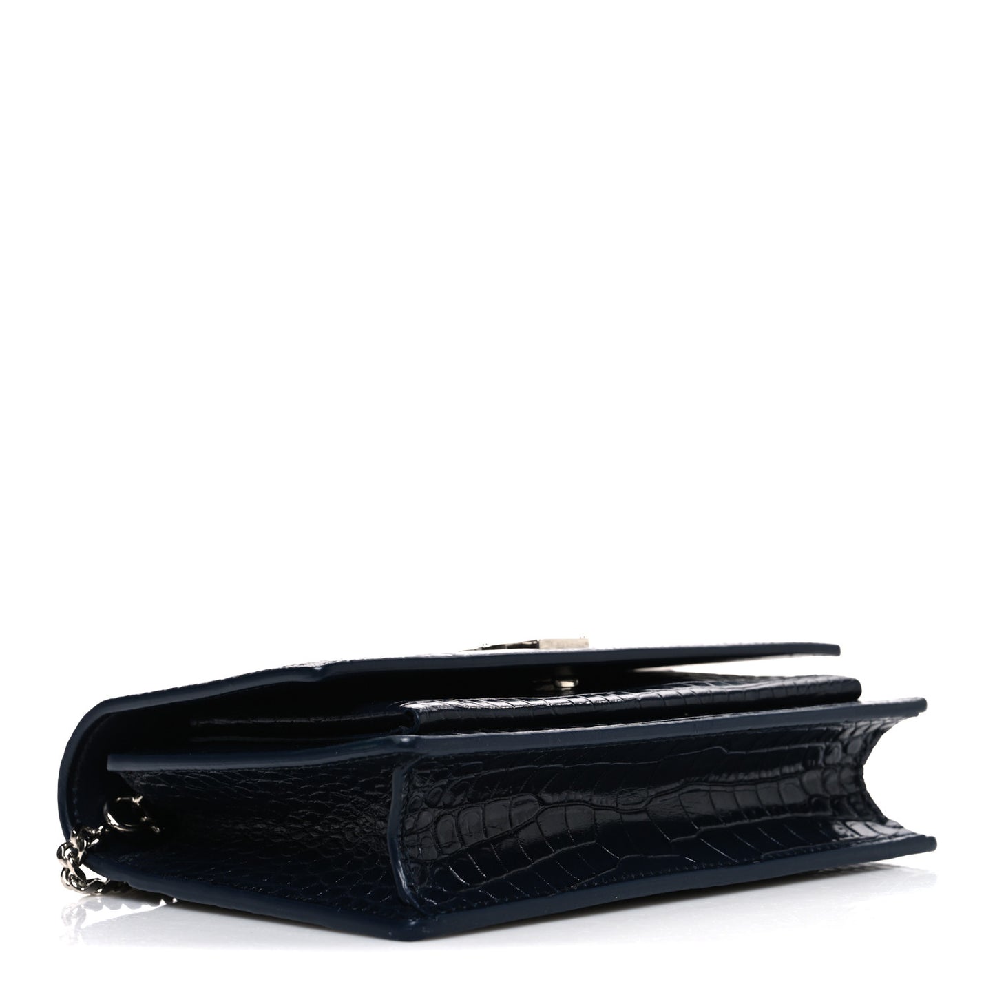 Calfskin Crocodile Embossed Monogram Sunset Chain Wallet New Cobalt
