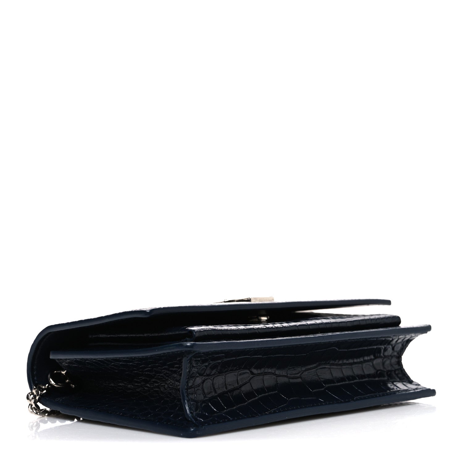 Saint Laurent Calfskin Crocodile Embossed Monogram Sunset Chain Wallet New Cobalt 3 of 9