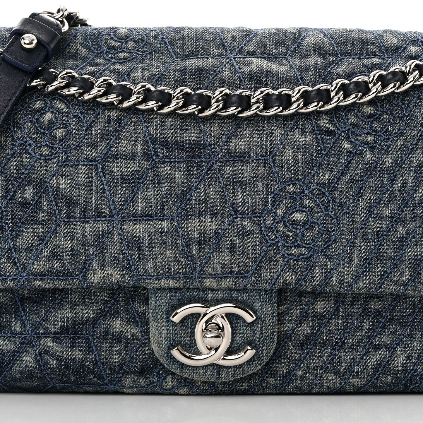 Denim Quilted Camellia Embroidered Large Flap Blue