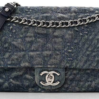 Chanel Denim Quilted Camellia Embroidered Large Flap Blue 8 of 13