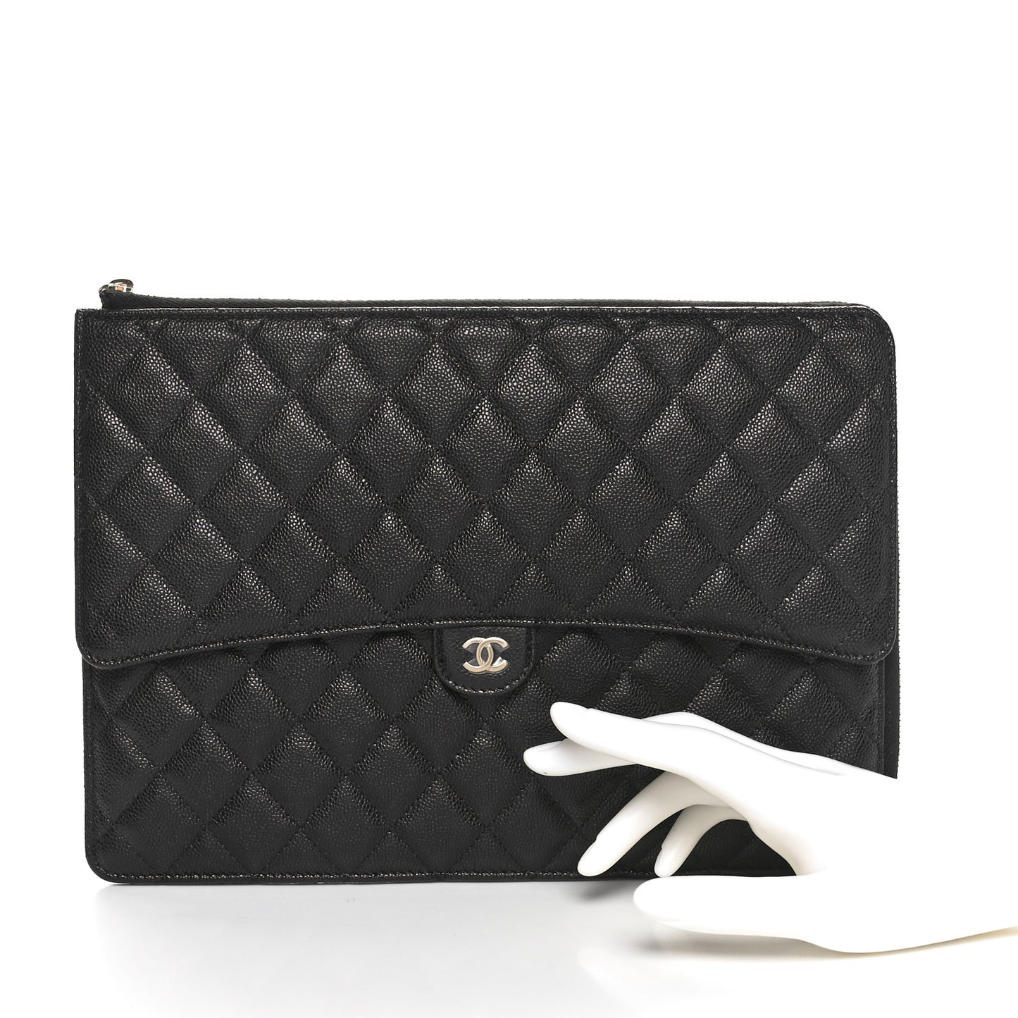 Caviar Quilted Large Flap Zip Clutch Black