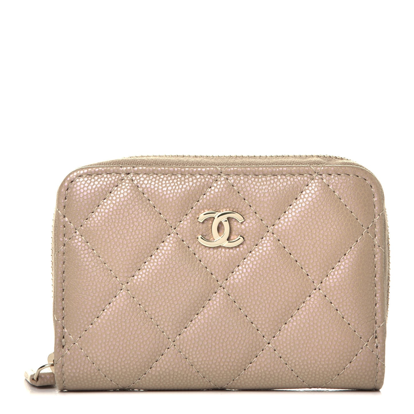 Iridescent Caviar Quilted Zip Around Coin Purse Wallet Beige