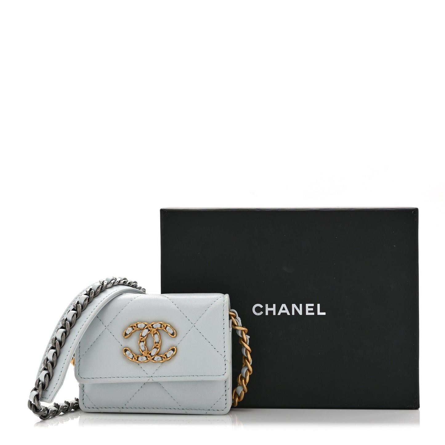 Lambskin Quilted Chanel 19 Flap Card Holder With Chain Light Blue