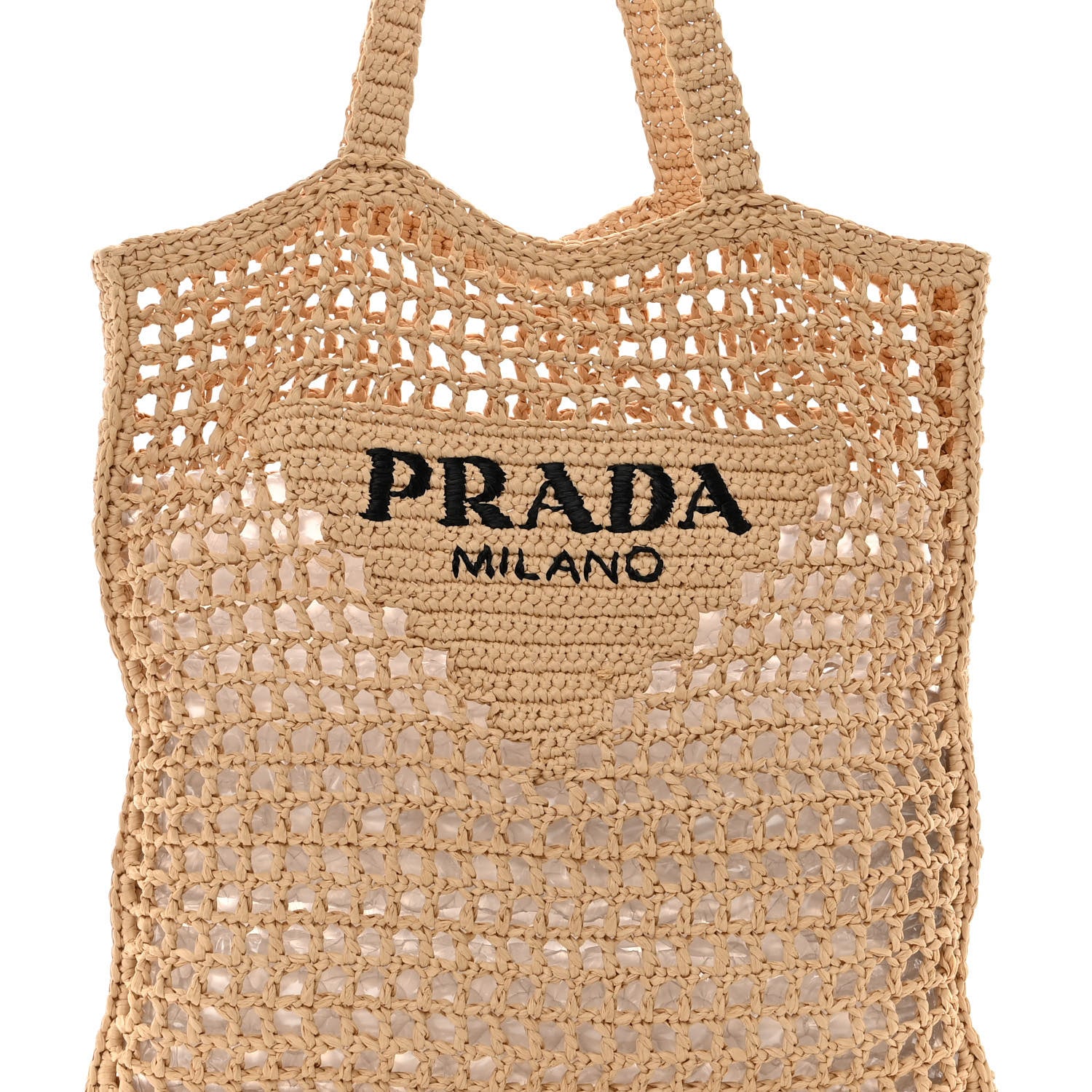 Prada Yarn Raffia Effect Crochet Logo Embroidered Tote Bag Naturale 6 of 9