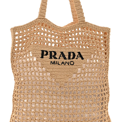 Prada Yarn Raffia Effect Crochet Logo Embroidered Tote Bag Naturale 6 of 9