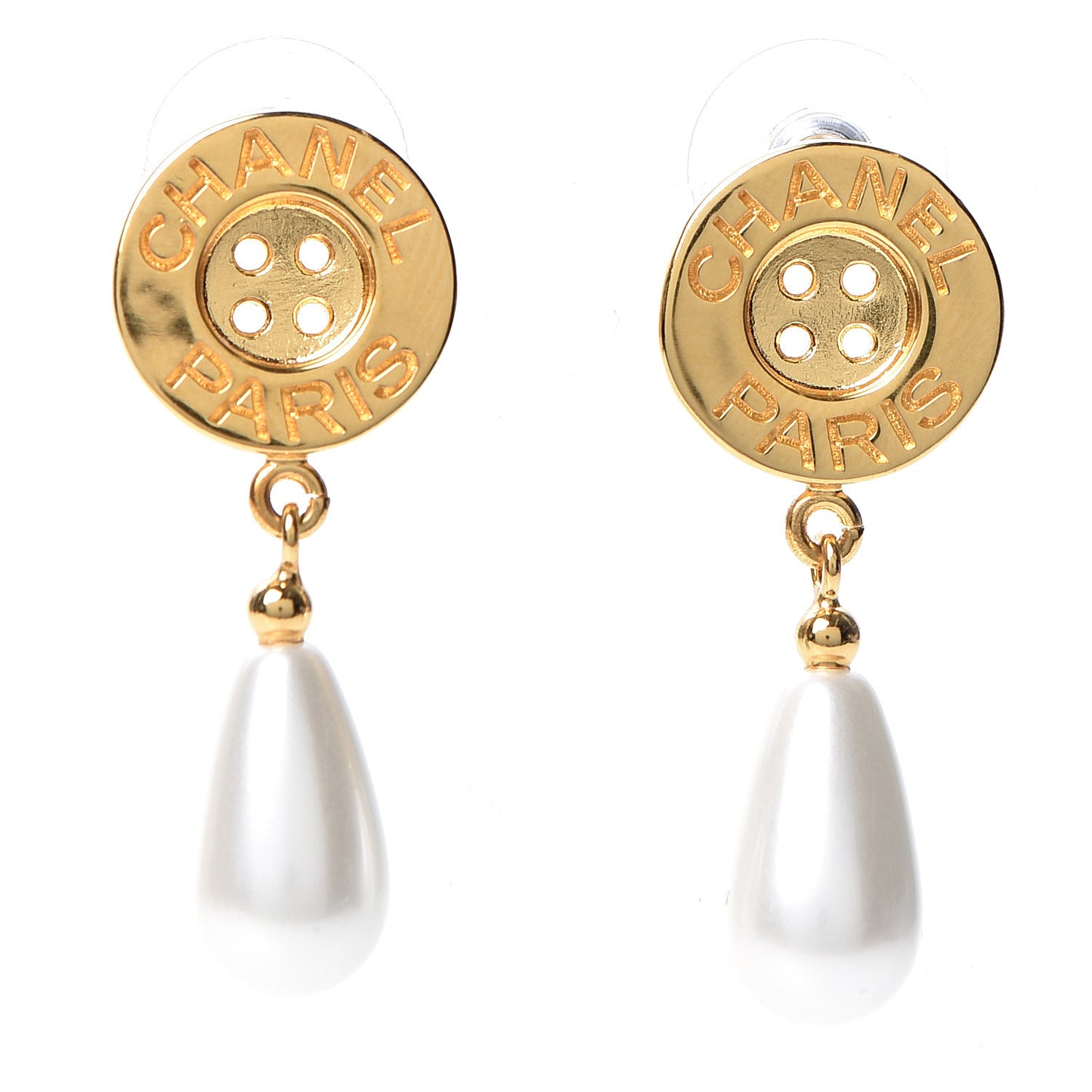 Metal Pearl Paris Button Drop Earrings Gold