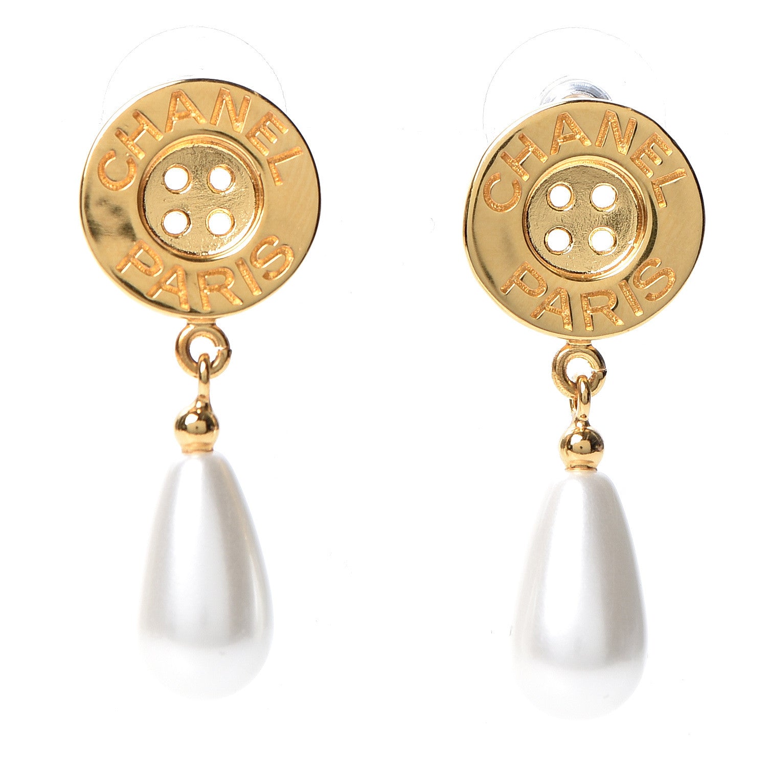 Chanel Metal Pearl Paris Button Drop Earrings Gold 1 of 5