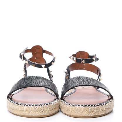 Valentino Garavani Grained Calfskin Rockstud Ankle Strap Espadrille Flat Sandals 40 Black 2 of 8