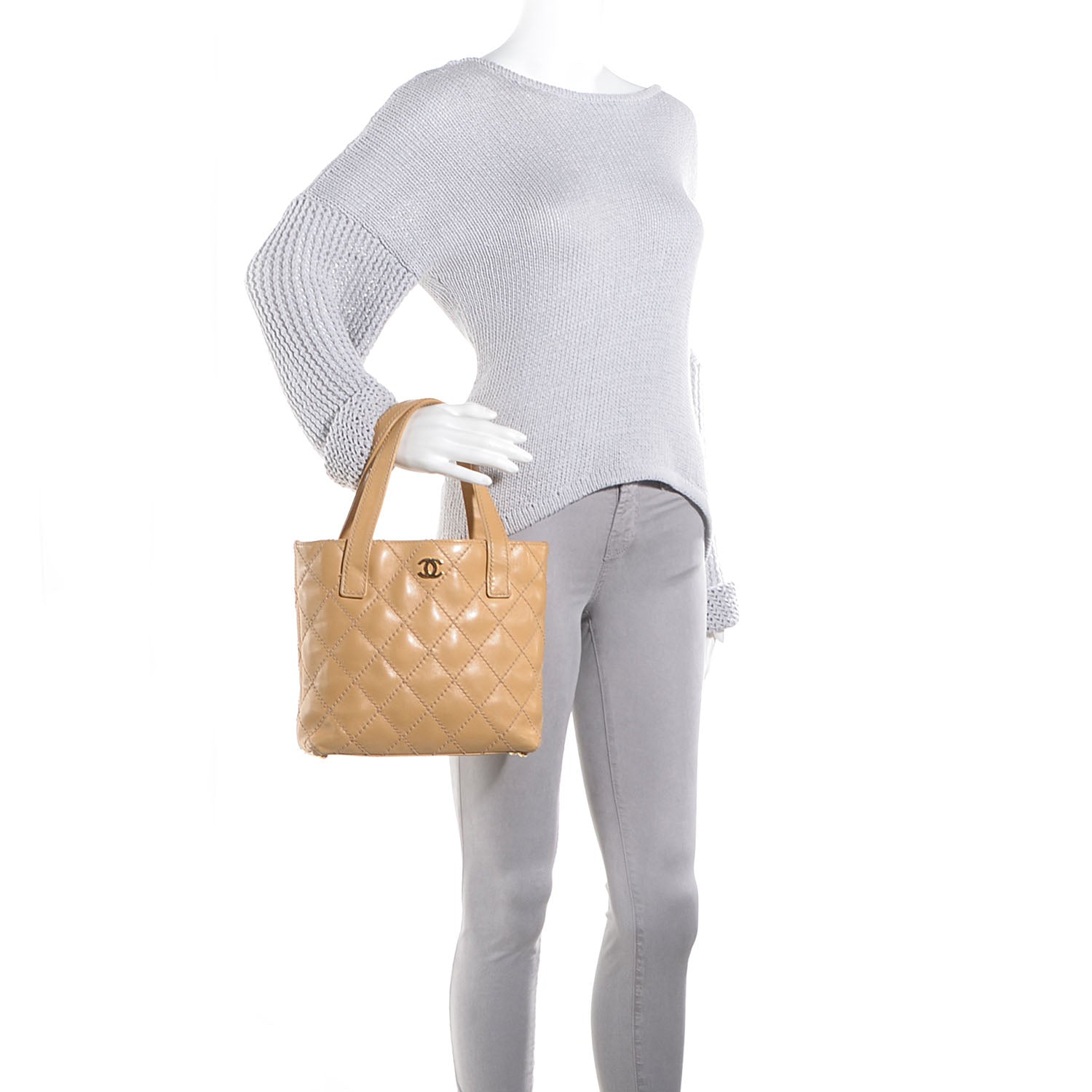 Chanel Calfskin Quilted Surpique Stitch Small Tote Beige 2 of 9