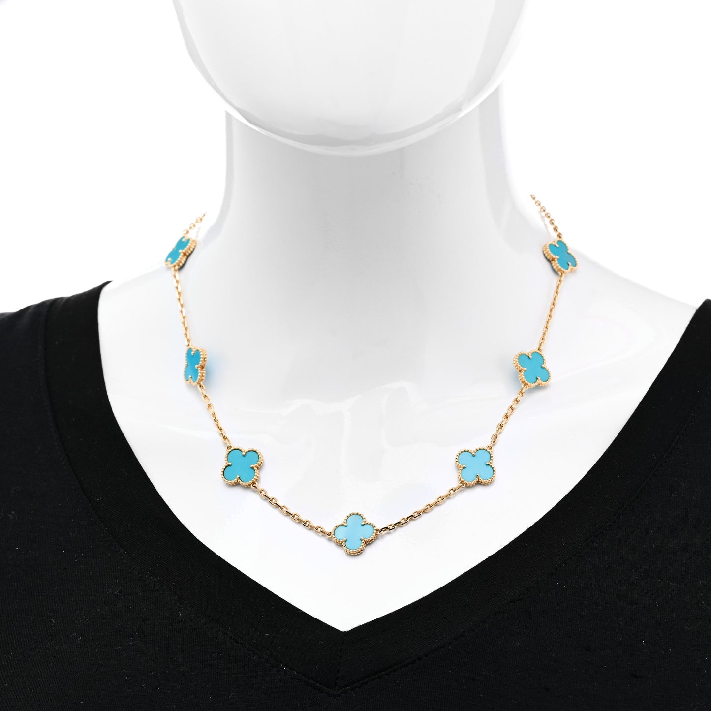 18K Yellow Gold Turquoise 10 Motifs Vintage Alhambra Necklace