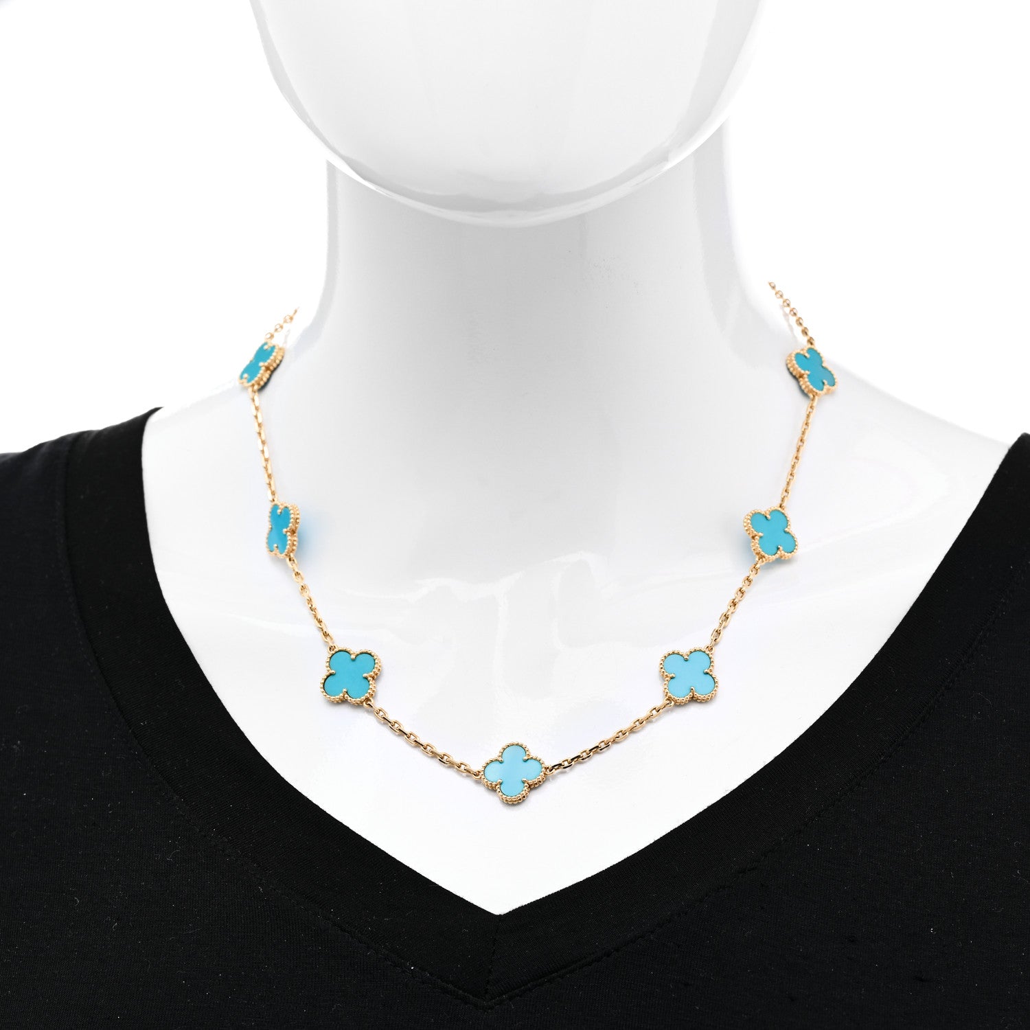 Van Cleef & Arpels 18K Yellow Gold Turquoise 10 Motifs Vintage Alhambra Necklace 2 of 5