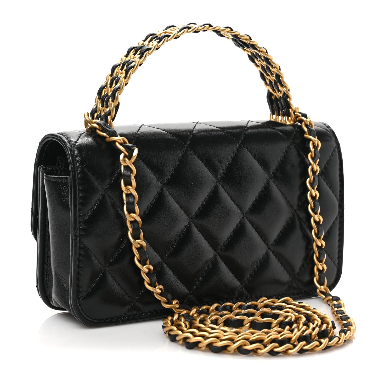 Shiny Calfskin Quilted Top Handle Flap Phone Holder With Chain Black