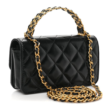 Chanel Shiny Calfskin Quilted Top Handle Flap Phone Holder With Chain Black 3 of 11