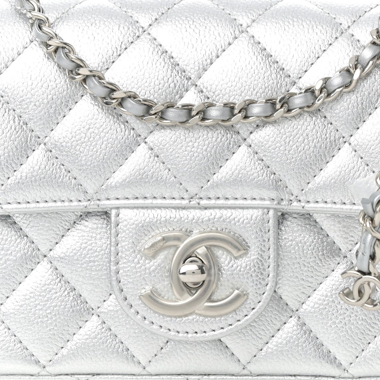 Metallic Caviar Quilted Mini Rectangular CC Slide Flap Silver