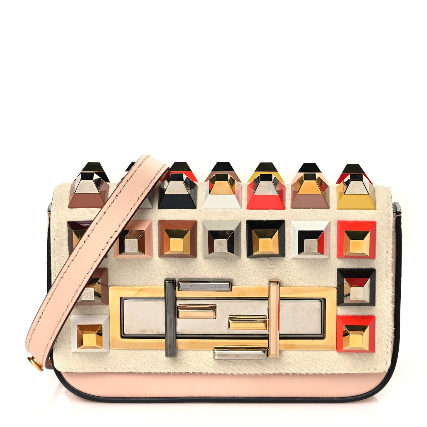 Vitello Dolce Calf Hair Studded Mini 3Baguette Shoulder Bag Light Pink