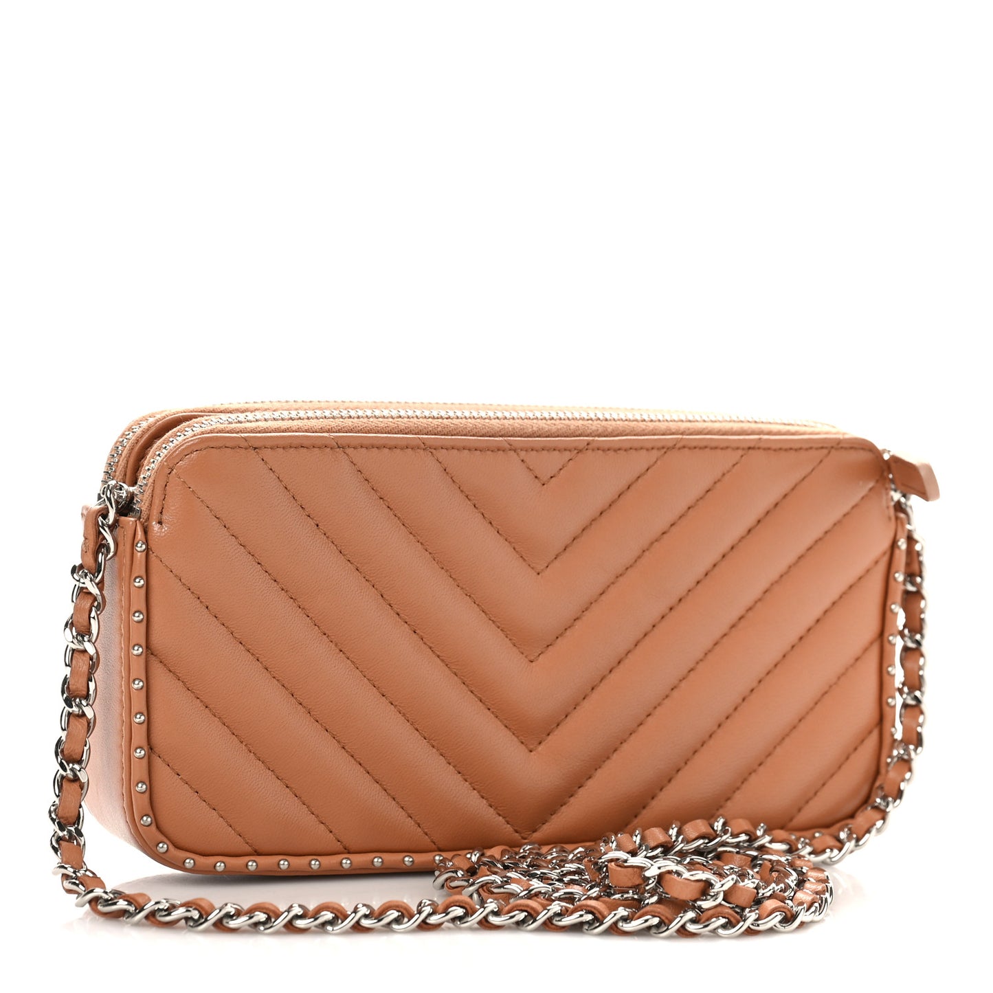 Lambskin Chevron Quilted Studded Small Clutch With Chain Beige