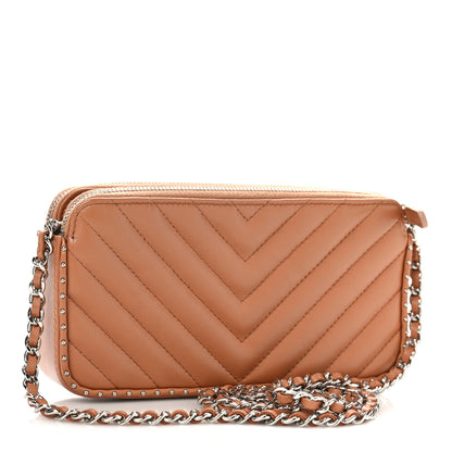 Chanel Lambskin Chevron Quilted Studded Small Clutch With Chain Beige 3 of 10
