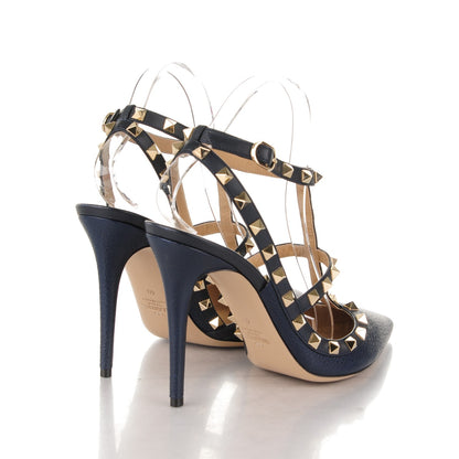 Valentino Garavani Pebbled Calfskin Rockstud Ankle Strap 100mm Pumps 40 Marine 4 of 6