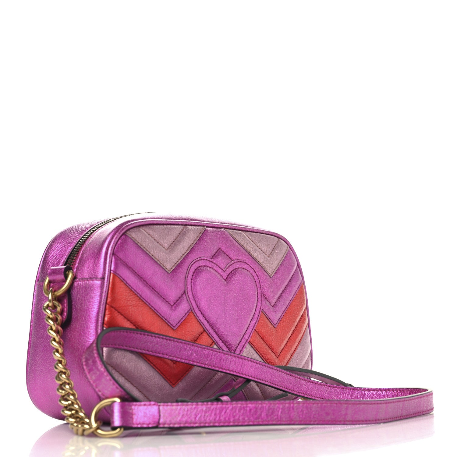 Gucci Laminated Nappa Matelasse Small GG Marmont Chain Shoulder Bag Fuxia Rosso Rosa 3 of 10