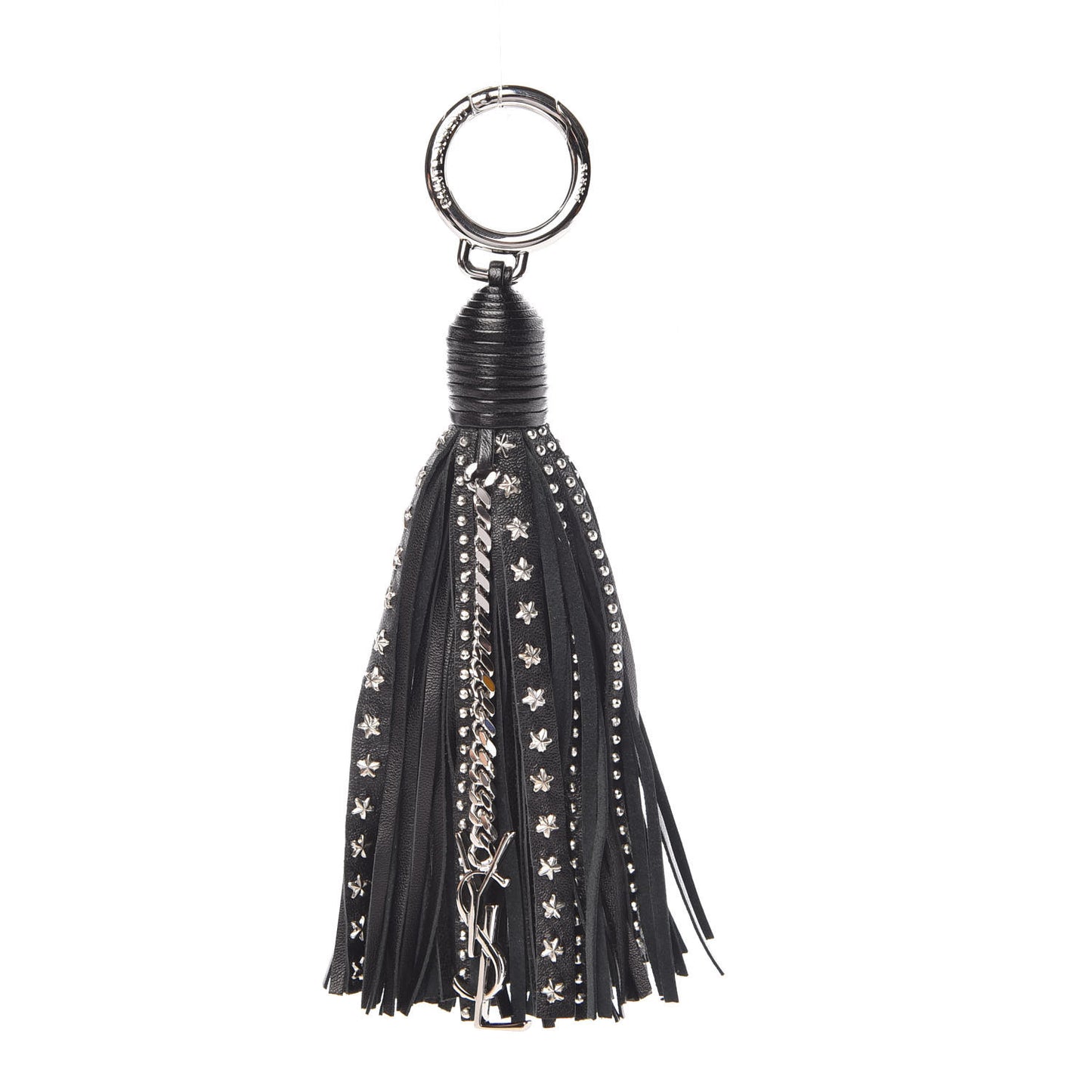 Calfskin Monogram Studded Fringe Key Ring Bag Charm Black