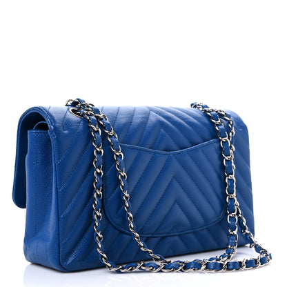 Chanel Caviar Chevron Quilted Medium Double Flap Blue 2 of 12