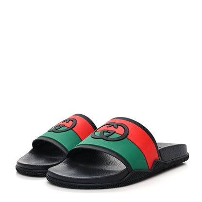 Gucci Rubber Web Womens Interlocking G Slide Sandals 38 Black Green Red 3 of 9