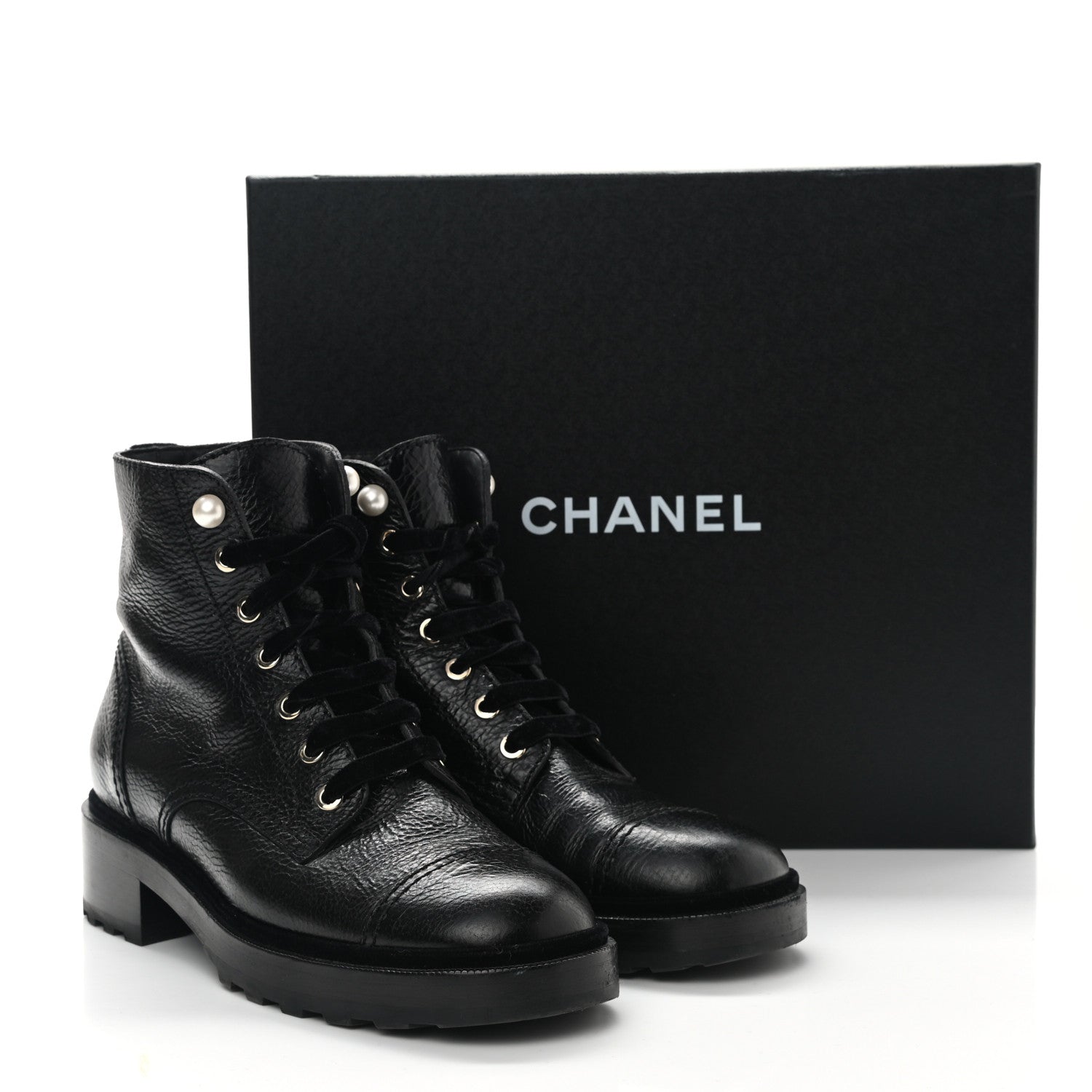 Chanel Shiny Calfskin Velvet Pearl Combat Short Boots 39 Black 10 of 10