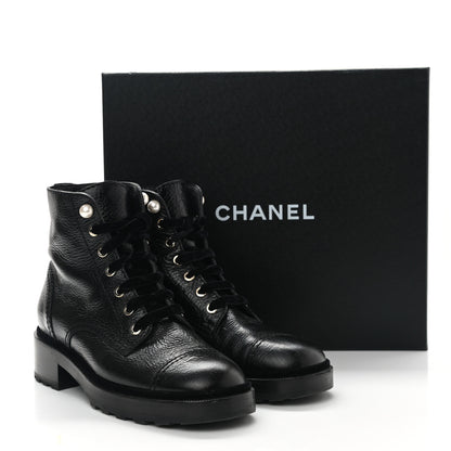 Chanel Shiny Calfskin Velvet Pearl Combat Short Boots 39 Black 10 of 10