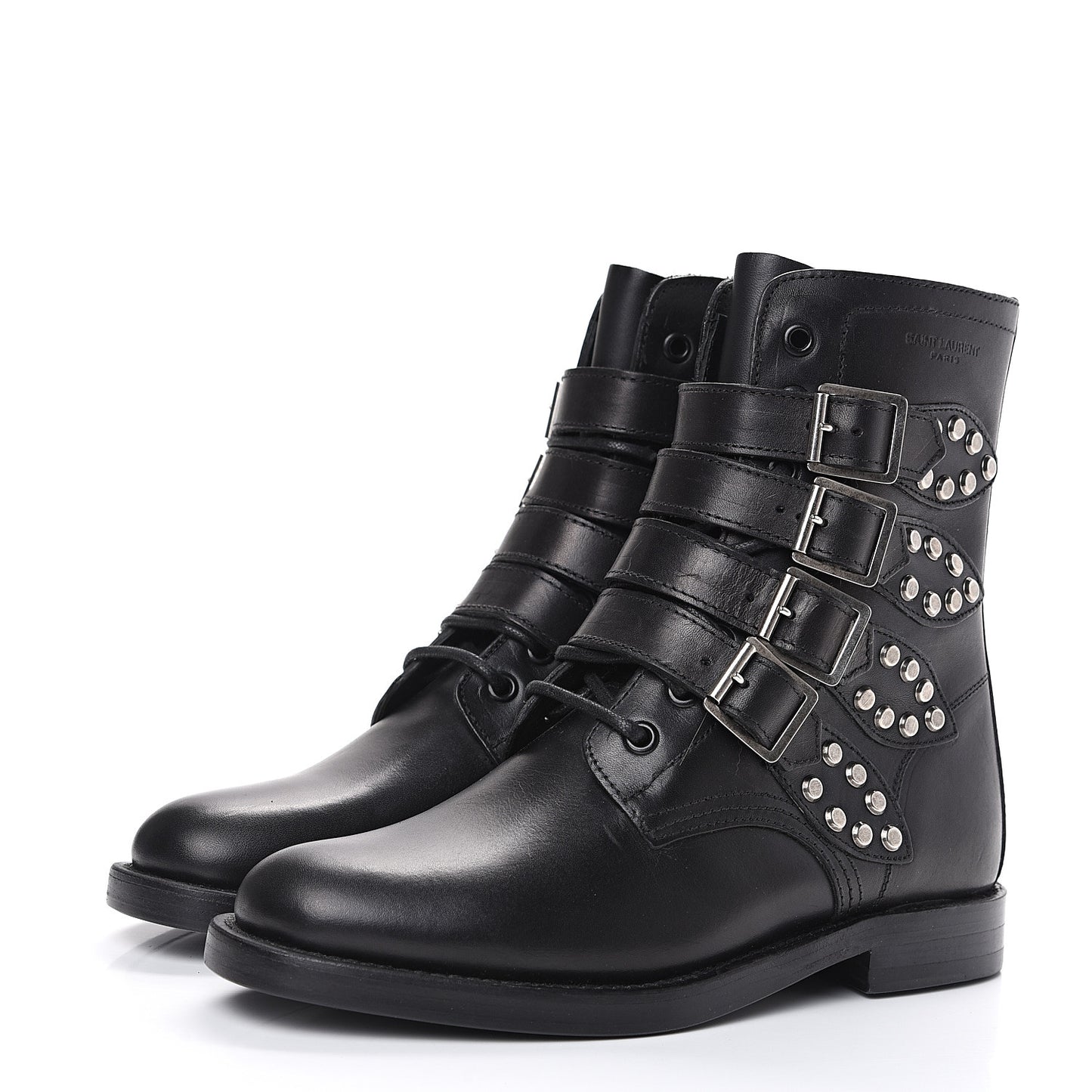 Smooth Calfskin Studded Strap Rangers Boots 36.5 Black