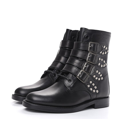 Saint Laurent Smooth Calfskin Studded Strap Rangers Boots 36.5 Black 3 of 9