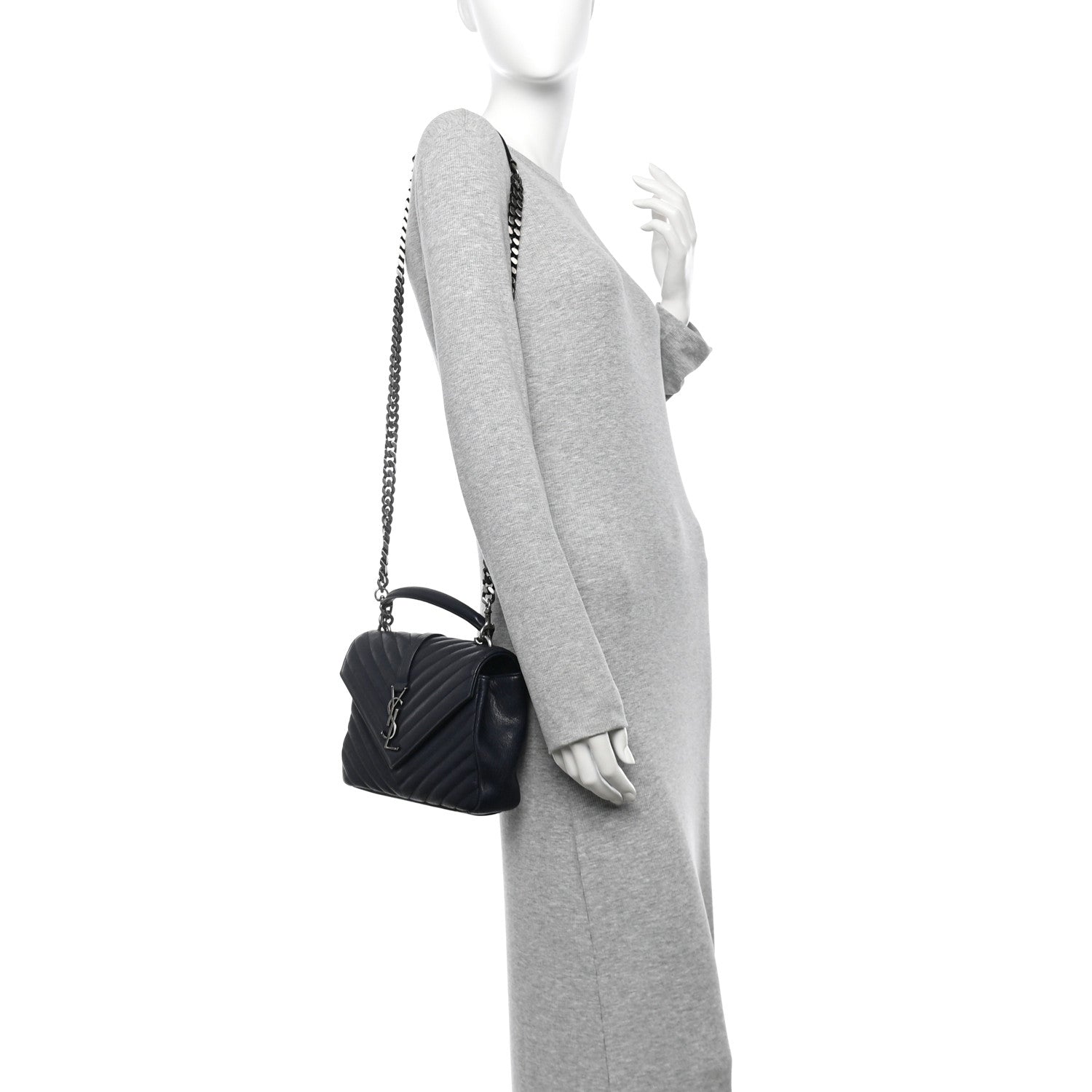 Saint Laurent Sheepskin Matelasse Chevron Monogram Medium College Bag Navy 2 of 12